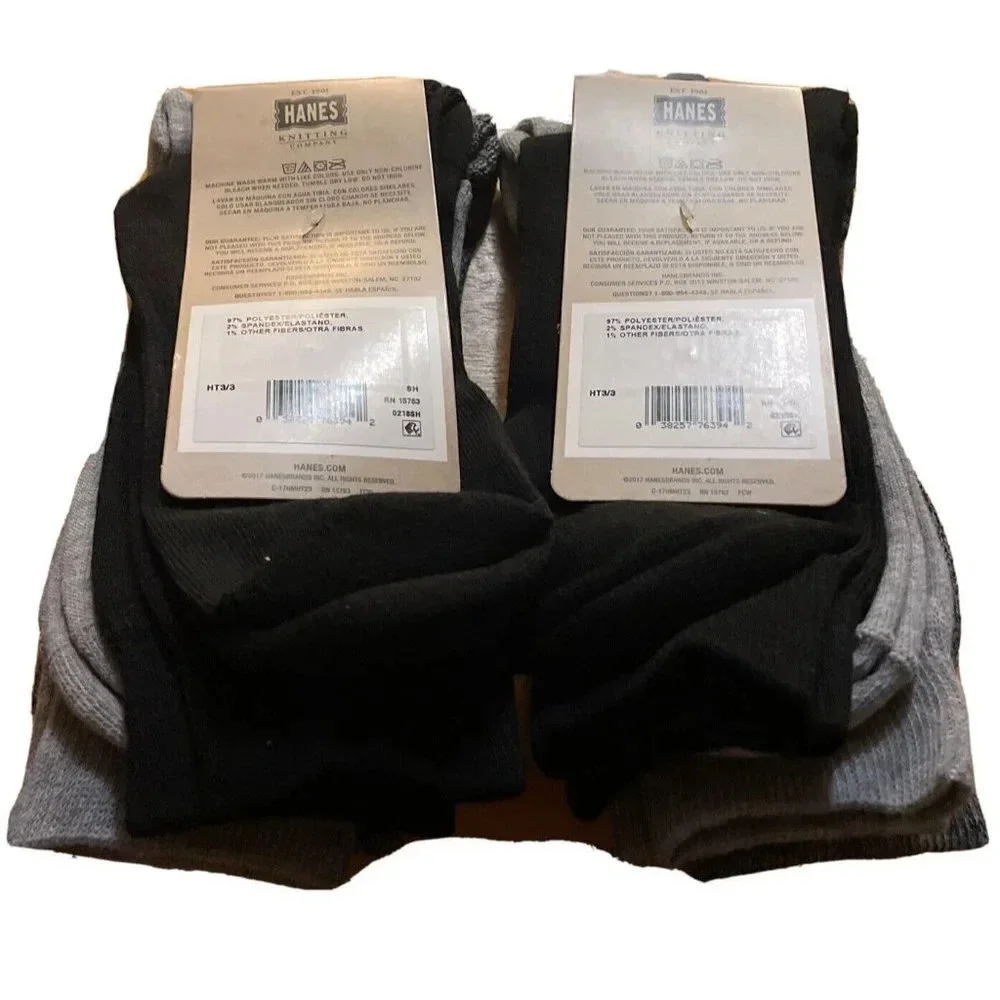 Hanes 2‎ Pack (6 Pair) Knitting Company Mens Black Grey Crew Socks Size 6-12 NEW